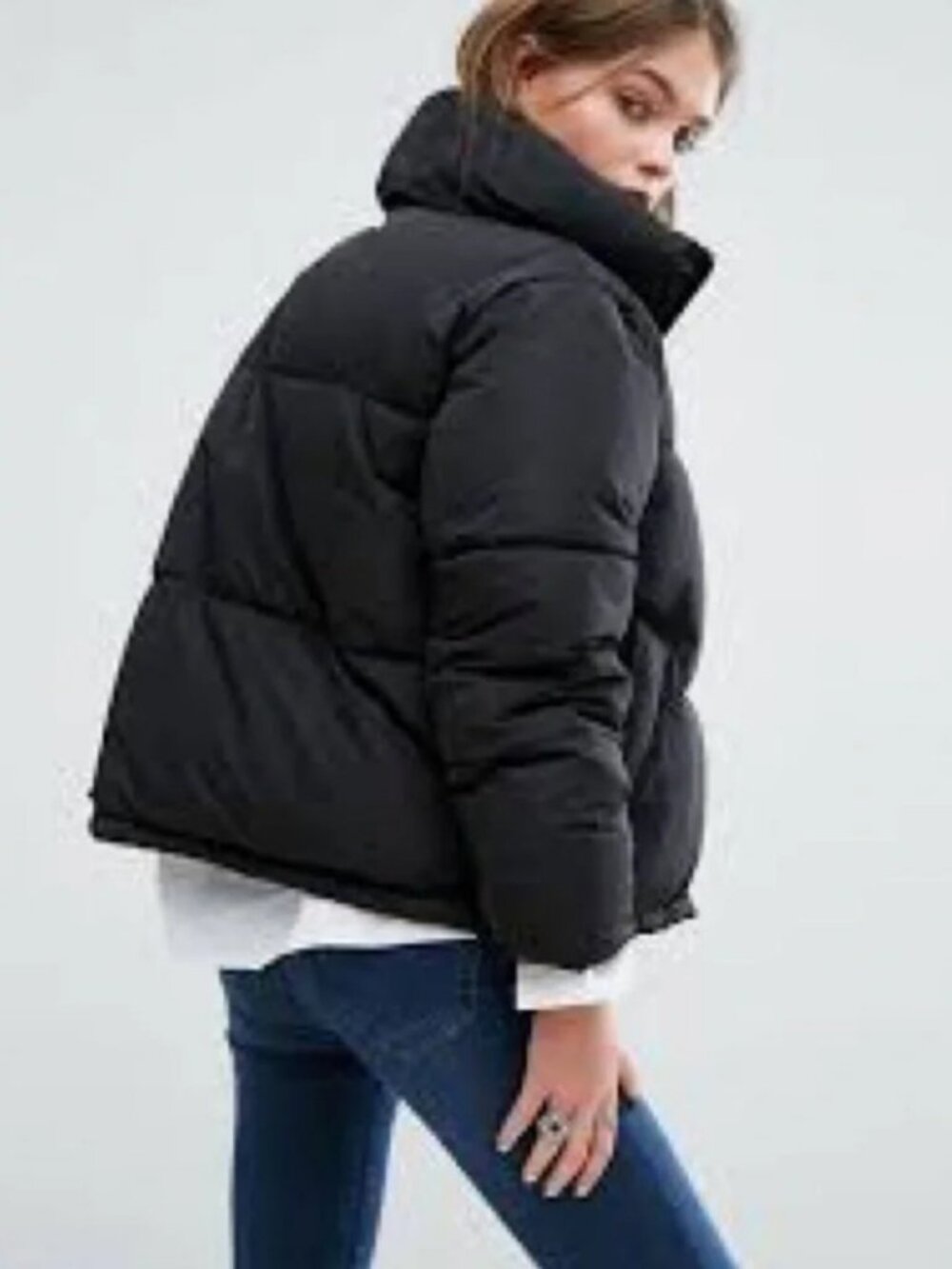 Pull&Bear cropped puffer jacket black women's size S